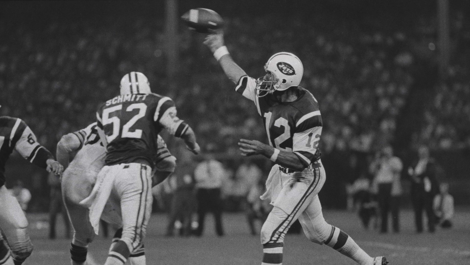 Sep 21, 1970; Cleveland, OH, USA;FILE PHOTO: New York Jets quarterback (12) JOE NAMATH throws a pass against the Cleveland Browns during the first ever Monday Night Football game. Namath was intercepted 3 times in the game. The Browns won the game in front of a record Cleveland football crowd of 85,703 at Cleveland Stadium.