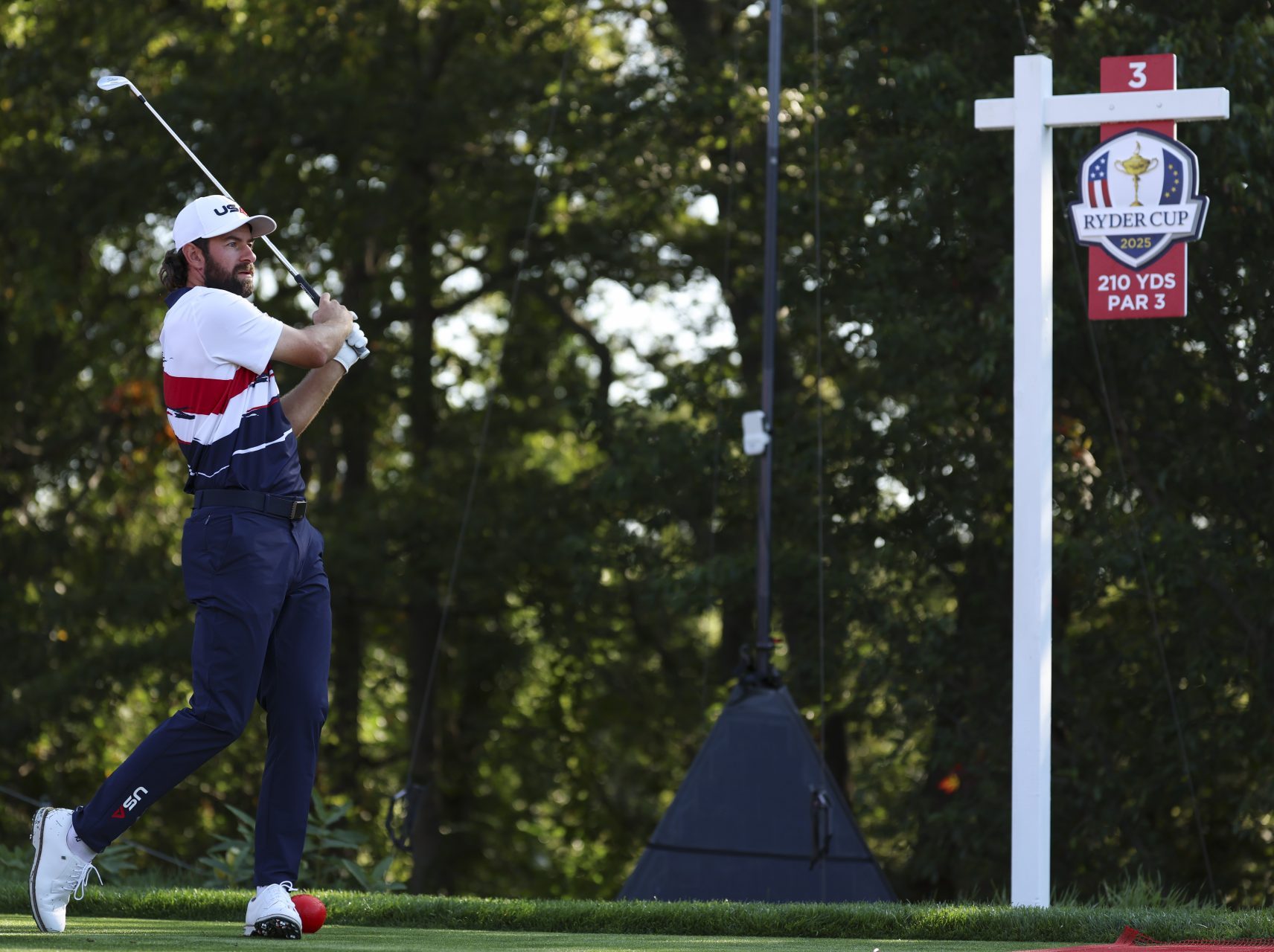 FARMINGDALE, NY - SEPTEMBER 22: Cameron Young of Team USA hits his tee shot on the third hole during the 2025 Ryder Cup Practice Round at Bethpage State Park on Monday, September 22, 2025 in Farmingdale, New York.