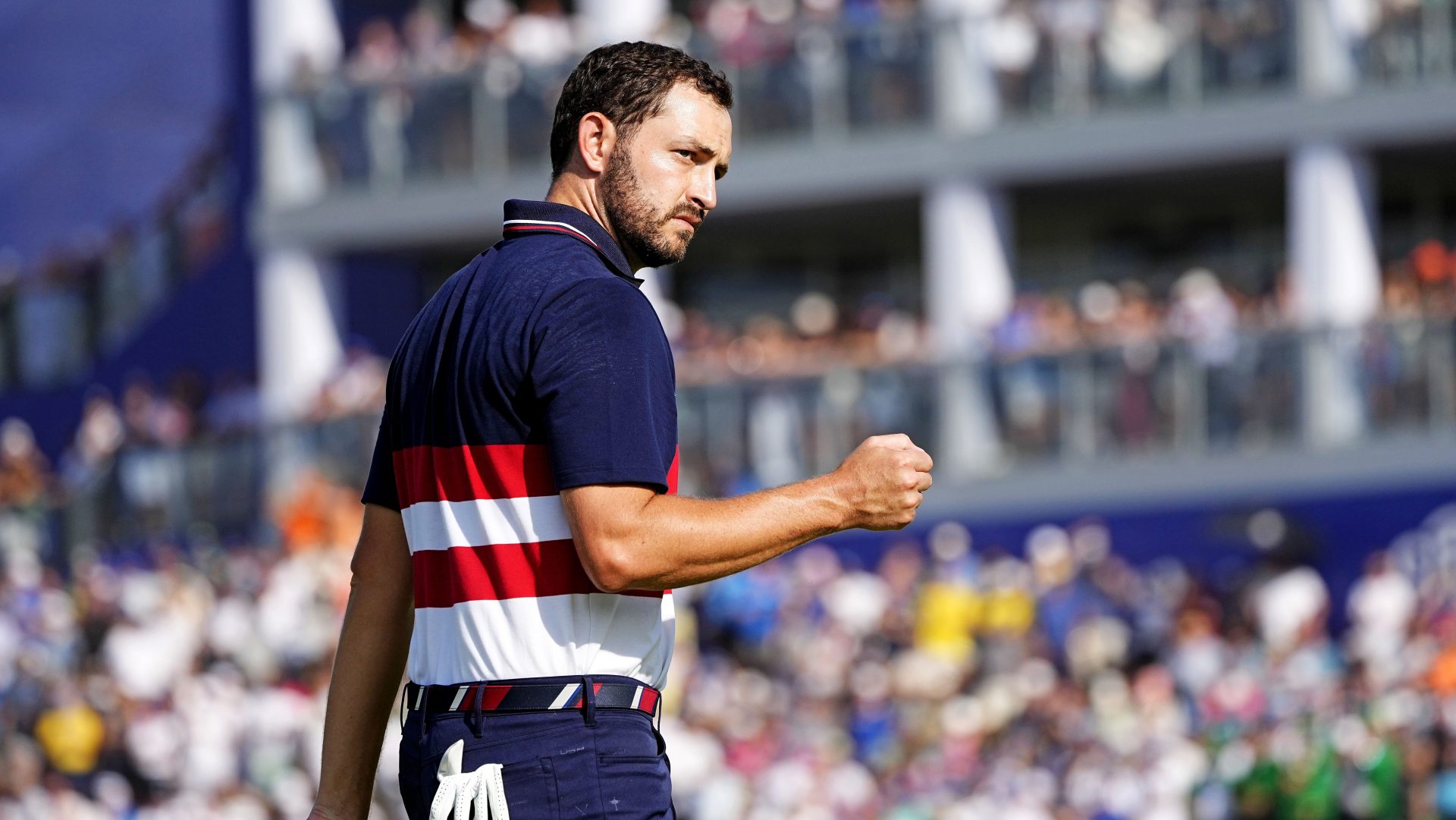 Oct 1, 2023; Rome, ITA; Team USA golfer Patrick Cantlay reacts on the 16th green during the final day of the 44th Ryder Cup golf competition at Marco Simone Golf and Country Club.