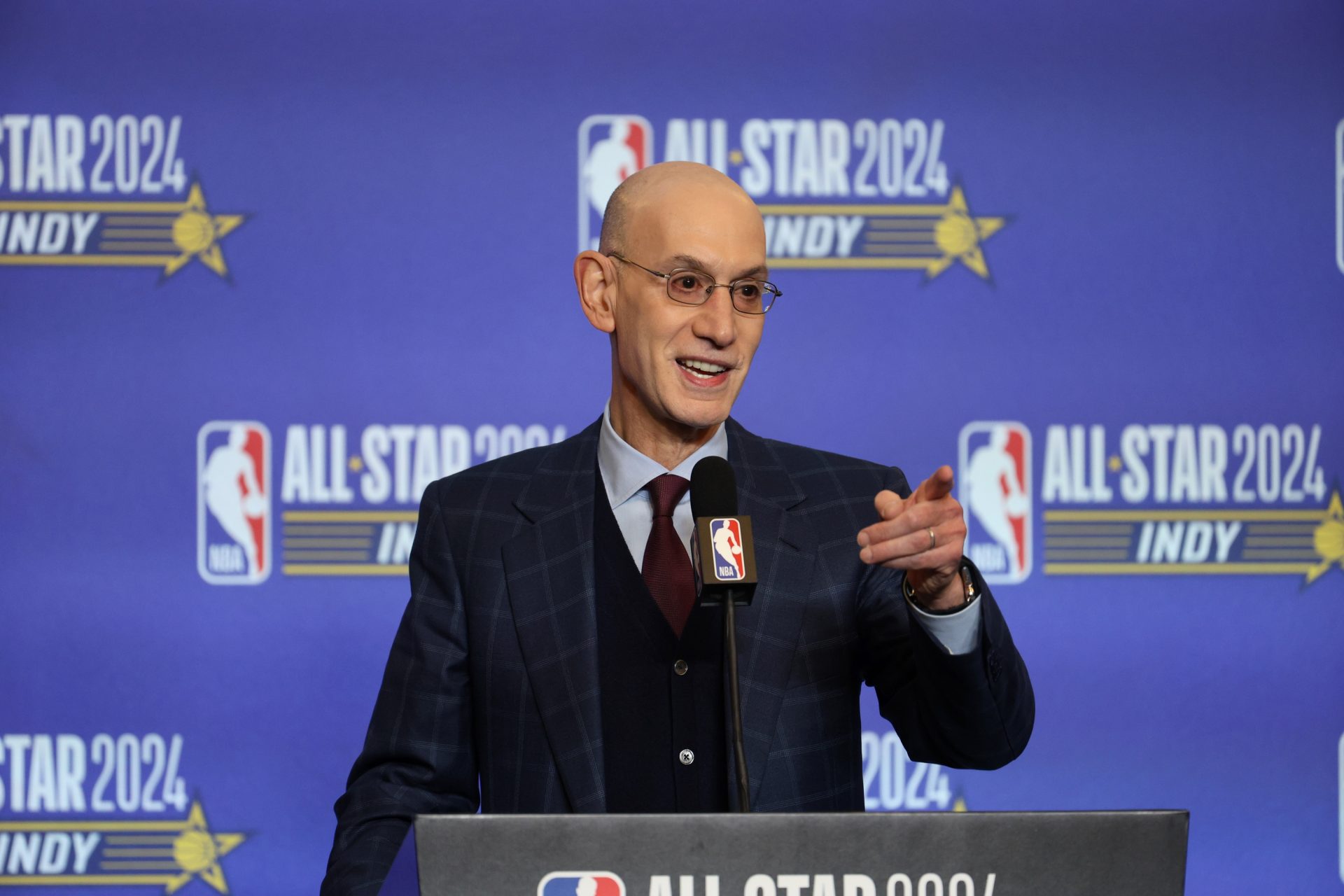 Feb 17, 2024; Indianapolis, IN, USA; NBA Commissioner Adam Silver talks to media during a press conference before NBA All Star Saturday Night at Lucas Oil Stadium.