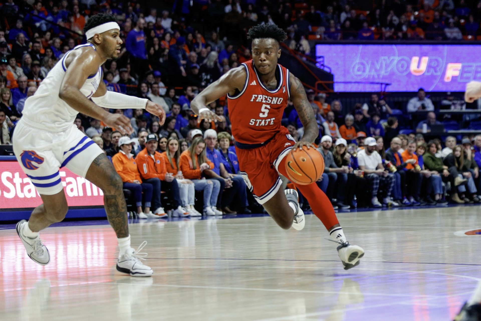 Feb 17, 2024; Boise, Idaho, USA; Fresno State Bulldogs guard Jalen Weaver (5) during the first half against the Boise State Broncos at ExtraMile Arena.