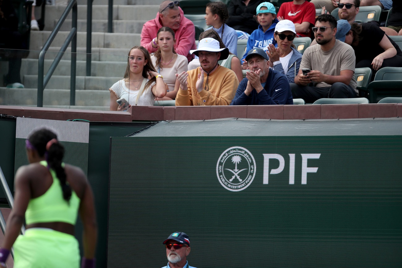 Saudi Arabia’s Public Investment Fund (PIF), one of several premier sponsors for the BNP Paribas Open tennis tournament, as seen on Stadium 2 at the Indian Wells Tennis Garden in Indian Wells, Calif., on March 14, 2024.