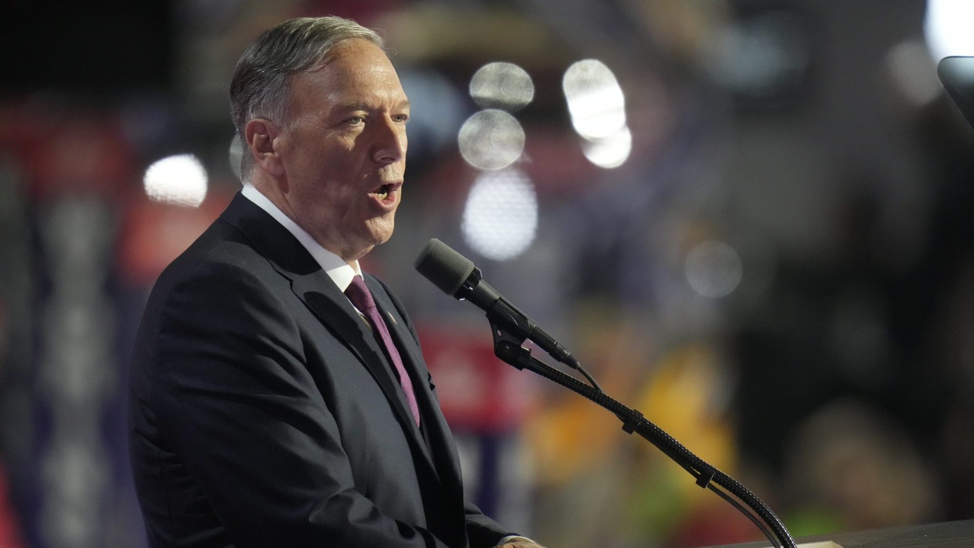 July 18, 2024; Milwaukee, WI, USA; Mike Pompeo, former Secretary of State, speaks during the final day of the Republican National Convention at the Fiserv Forum. The final day of the RNC featured a keynote address by Republican presidential nominee Donald Trump.
