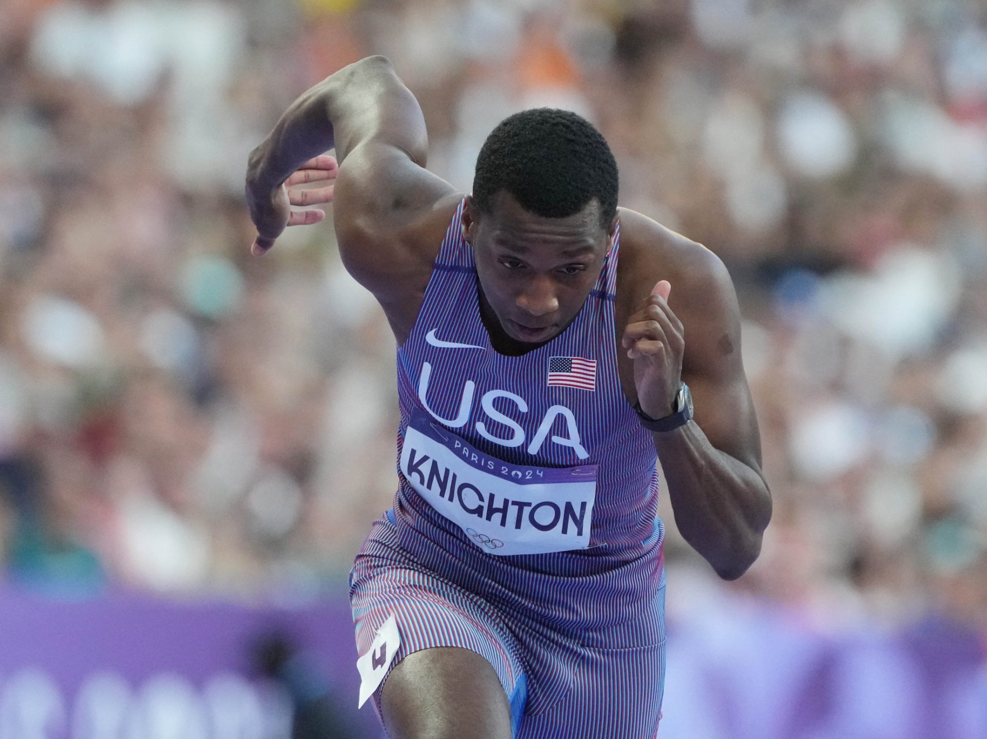 Aug 5, 2024; Saint-Denis, FRANCE; Erriyon Knighton (USA) in the men's 200m round 1 heats during the Paris 2024 Olympic Summer Games at Stade de France.
