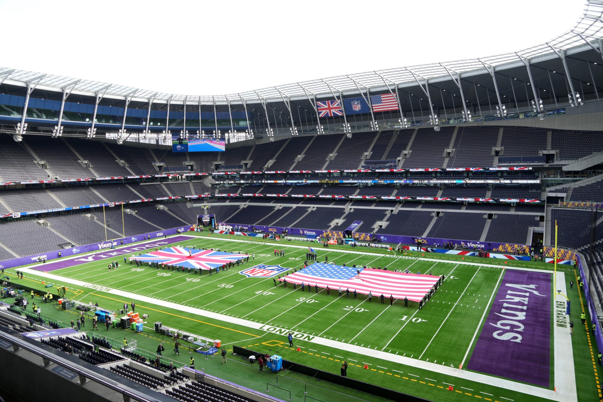 Oct 6, 2024; London, United Kingdom; British and United States flags on the field at Tottenham Hotspur Stadium.