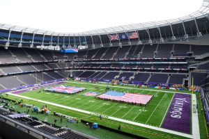 Oct 6, 2024; London, United Kingdom; British and United States flags on the field at Tottenham Hotspur Stadium.
