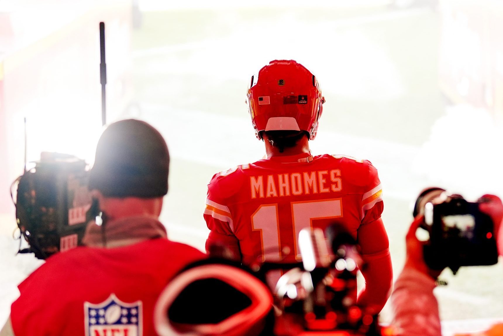 Dec 21, 2024; Kansas City, Missouri, USA; Kansas City Chiefs quarterback Patrick Mahomes (15) gets ready to take the field prior to a game against the Houston Texans at GEHA Field at Arrowhead Stadium.