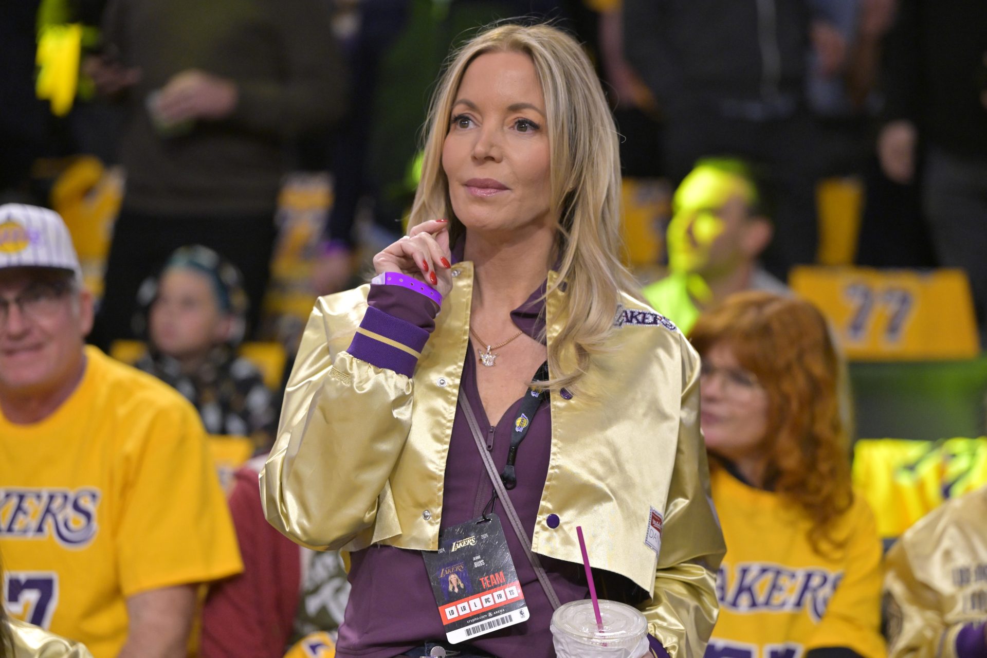Feb 10, 2025; Los Angeles, California, USA; Owner and president of the Los Angeles Lakers Jeanie Buss attends the game against the Utah Jazz at Crypto.com Arena.