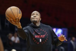 Mar 3, 2025; Miami, Florida, USA; Miami Heat guard Terry Rozier (2) warms up prior to the game against the Washington Wizards at Kaseya Center.