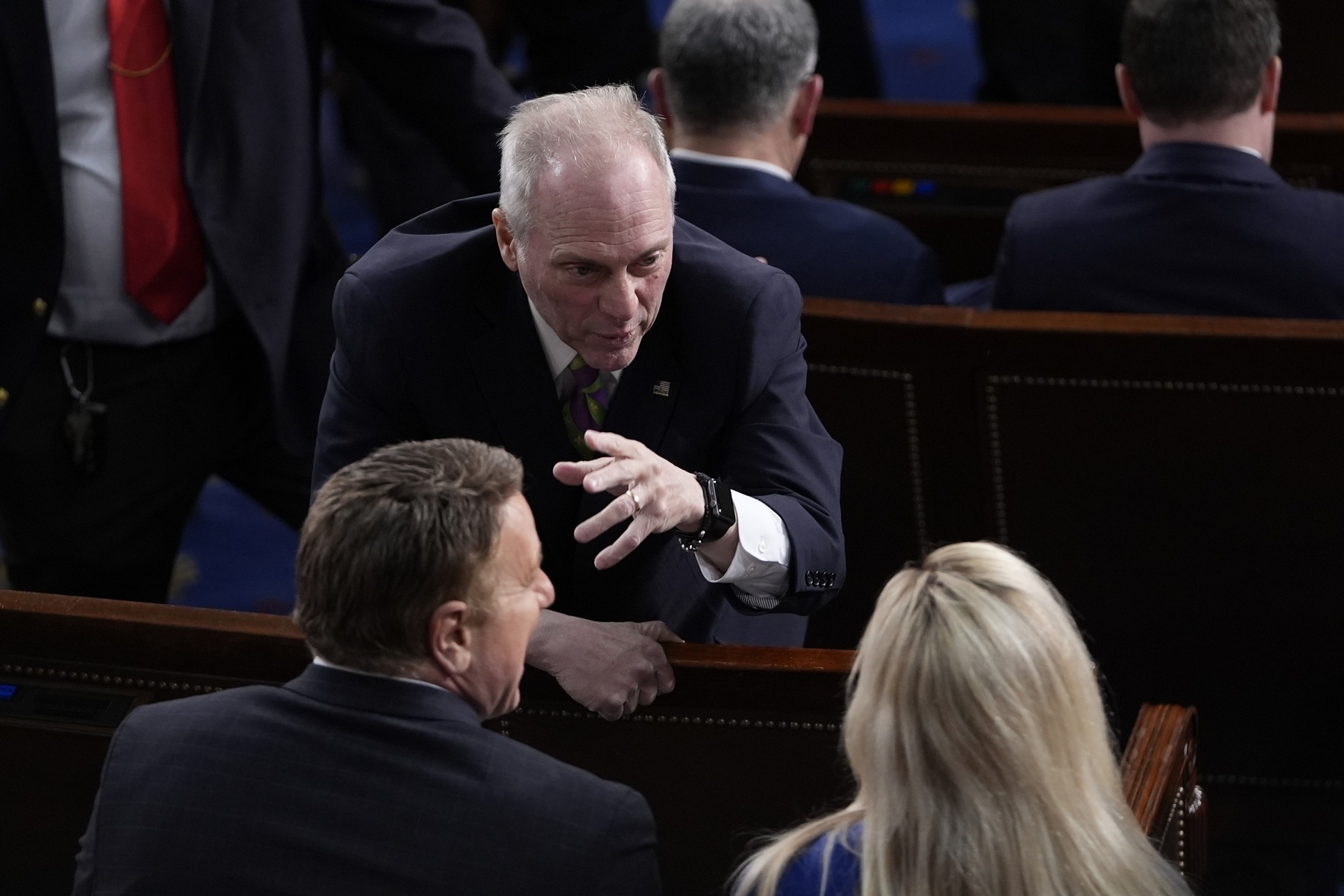Mar 4, 2025; Washington, DC, USA; House Majority Leader Steve Scalise, R-La., speaks with Rep. Marjorie Taylor-Greene, R-Ga., ahead of President Trump’s address to a joint session of Congress at the U.S. Capitol in Washington, D.C., on March 4, 2025.