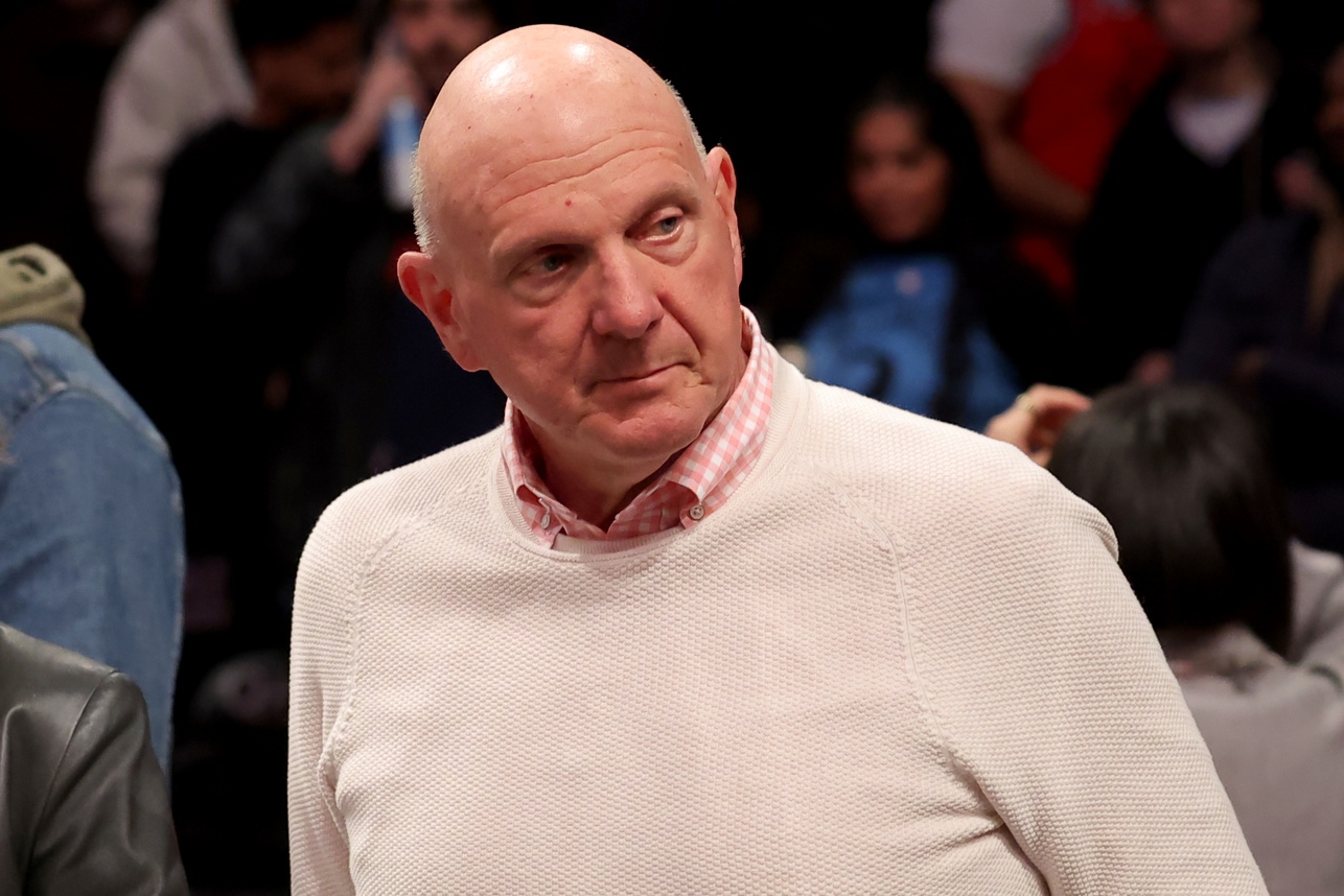 Mar 28, 2025; Brooklyn, New York, USA; Los Angeles Clippers owner Steve Ballmer leaves his court side seat after a game against the Brooklyn Nets at Barclays Center.