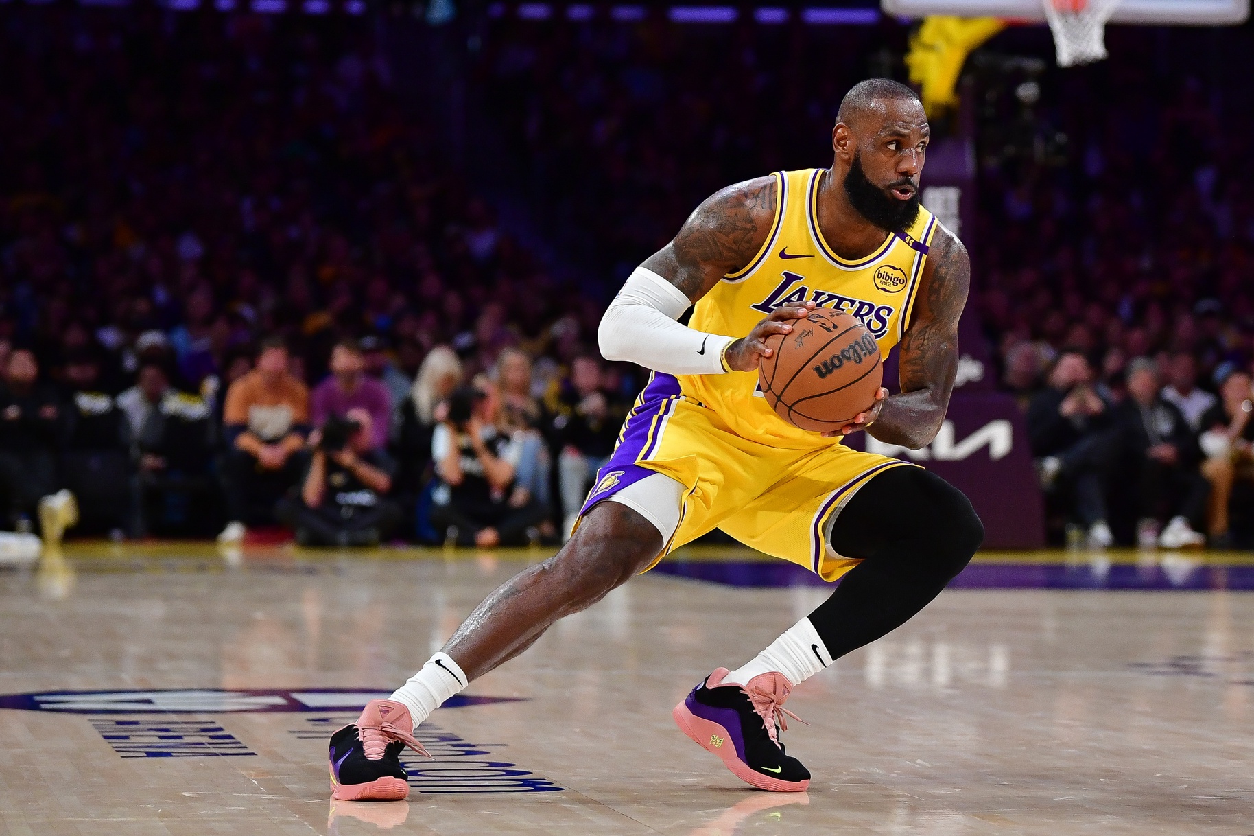 Apr 30, 2025; Los Angeles, California, USA; Los Angeles Lakers forward LeBron James (23) controls the ball against the Minnesota Timberwolves during the first half in game five of first round for the 2025 NBA Playoffs at Crypto.com Arena.