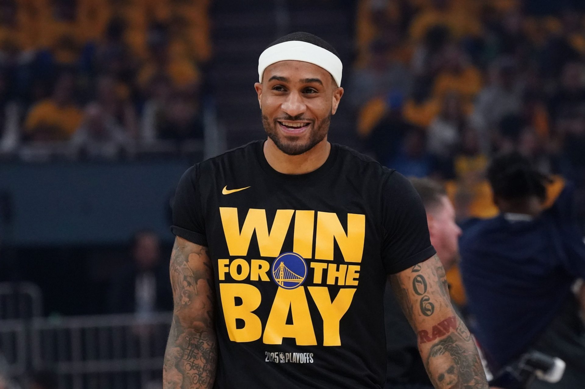 May 10, 2025; San Francisco, California, USA; Golden State Warriors guard Gary Payton II (0) warms up before game three of the second round for the 2025 NBA Playoffs against the Minnesota Timberwolves at Chase Center.
