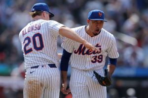Jun 12, 2025; New York City, New York, USA; New York Mets first baseman Pete Alonso (20) and relief pitcher Edwin Diaz (39) celebrate after defeating the Washington Nationals at Citi Field.