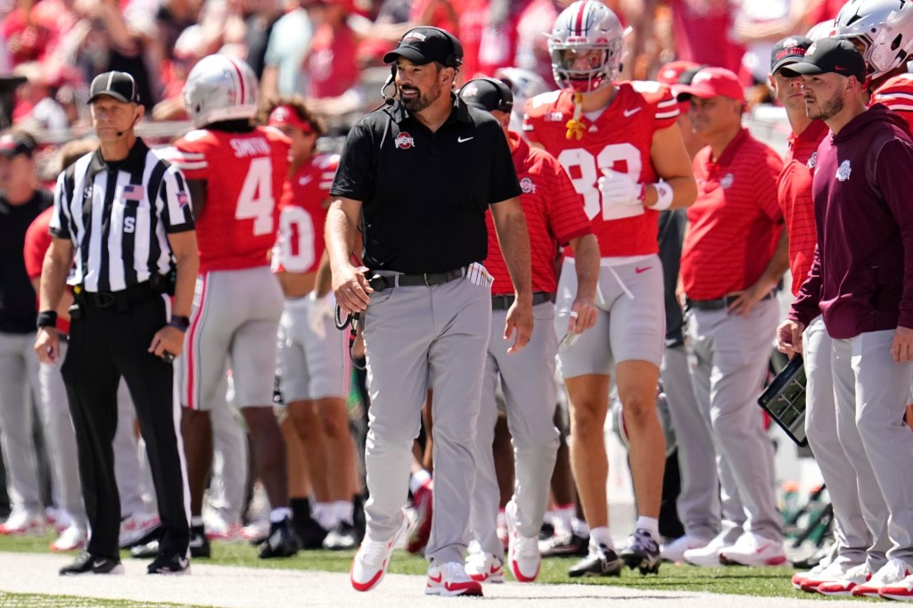 Ohio State Buckeyes head coach Ryan Day watches from the sideline during the NCAA football game against the Texas Longhorns at Ohio Stadium on Aug. 30, 2025.