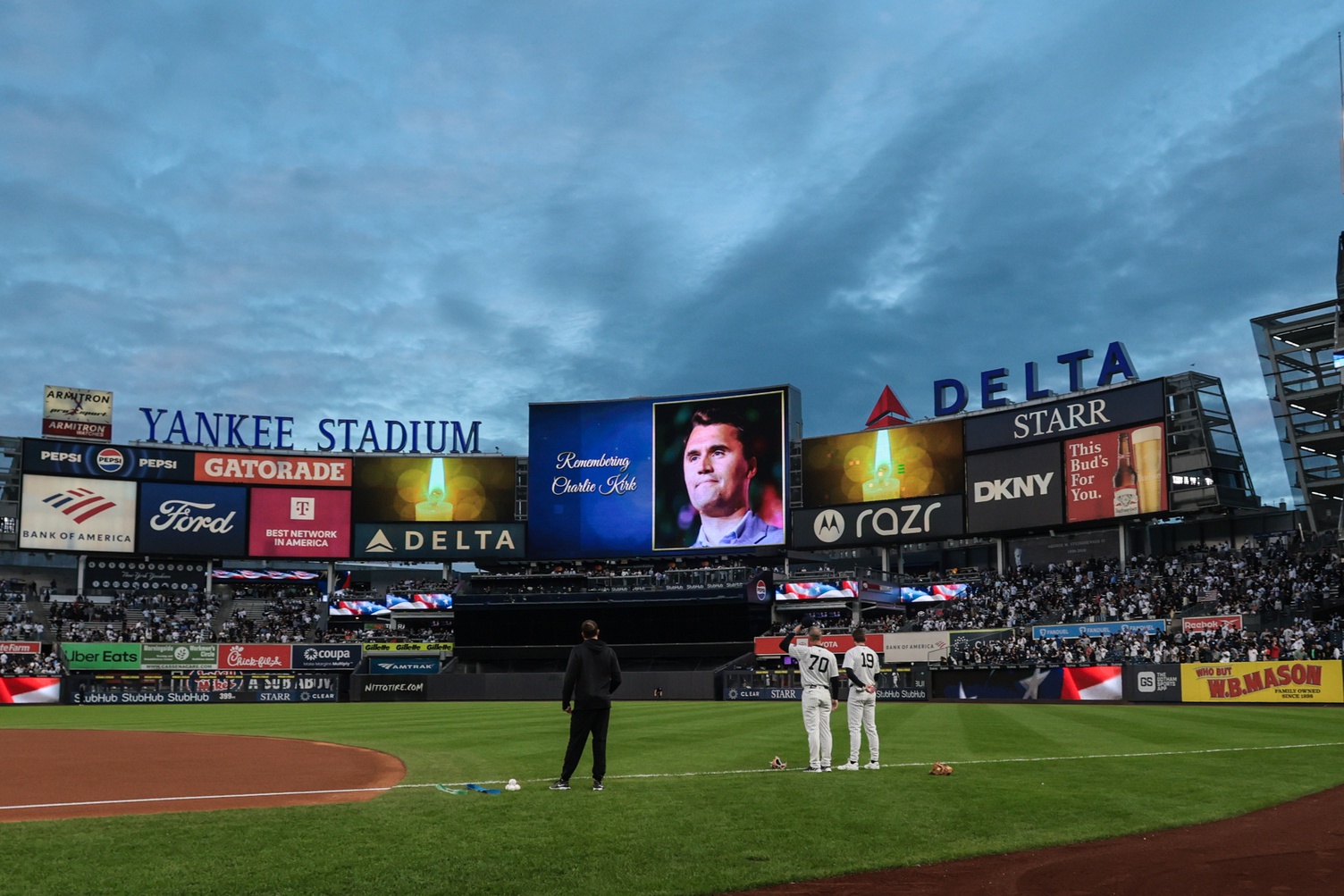 Sep 10, 2025; Bronx, New York, USA; A general view of the main scoreboard at Yankee Stadium during a moment of silence for Charlie Kirk before the game between the New York Yankees and the Detroit Tigers.