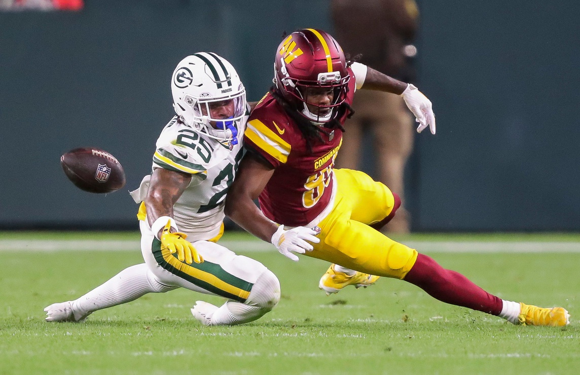 Green Bay Packers cornerback Keisean Nixon (25) breaks up a pass intended for Washington Commanders wide receiver Noah Brown (85) on Thursday, September 11, 2025, at Lambeau Field in Green Bay, Wis. The Packers won the game, 27-18.
