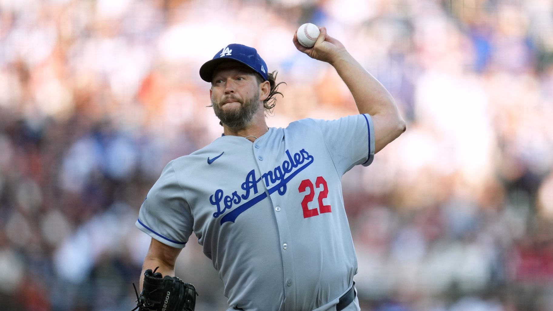Sep 13, 2025; San Francisco, California, USA; Los Angeles Dodgers pitcher Clayton Kershaw (22) delivers a pitch against the San Francisco Giants in the first inning at Oracle Park.