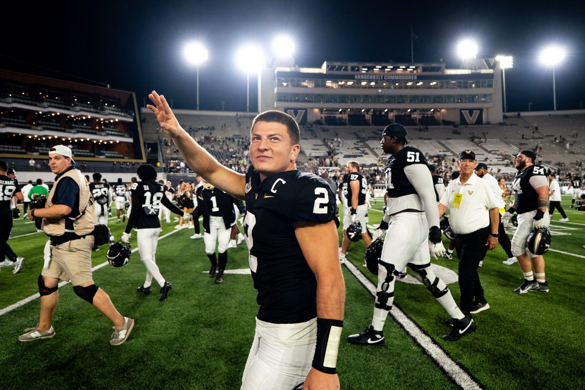 Vanderbilt quarterback Diego Pavia (2) celebrates after defeating Georgia State 70-21 at FirstBank Stadium in Nashville, Tenn., Saturday, Sept. 20, 2025.