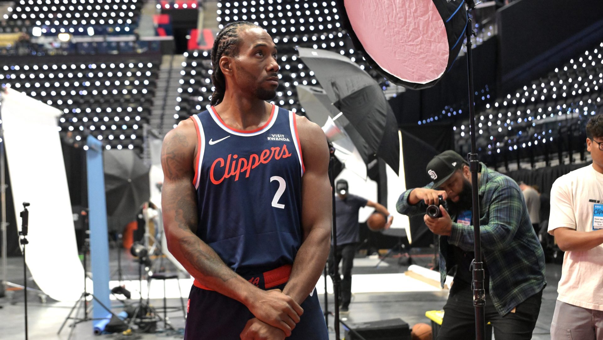 Sep 29, 2025; Inglewood, CA, USA; Los Angeles Clippers forward Kawhi Leonard (2) poses during media day at Intuit Dome.