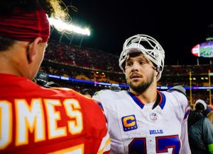 Dec 10, 2023; Kansas City, Missouri, USA; Buffalo Bills quarterback Josh Allen (17) talks with Kansas City Chiefs quarterback Patrick Mahomes (15) after a game at GEHA Field at Arrowhead Stadium.