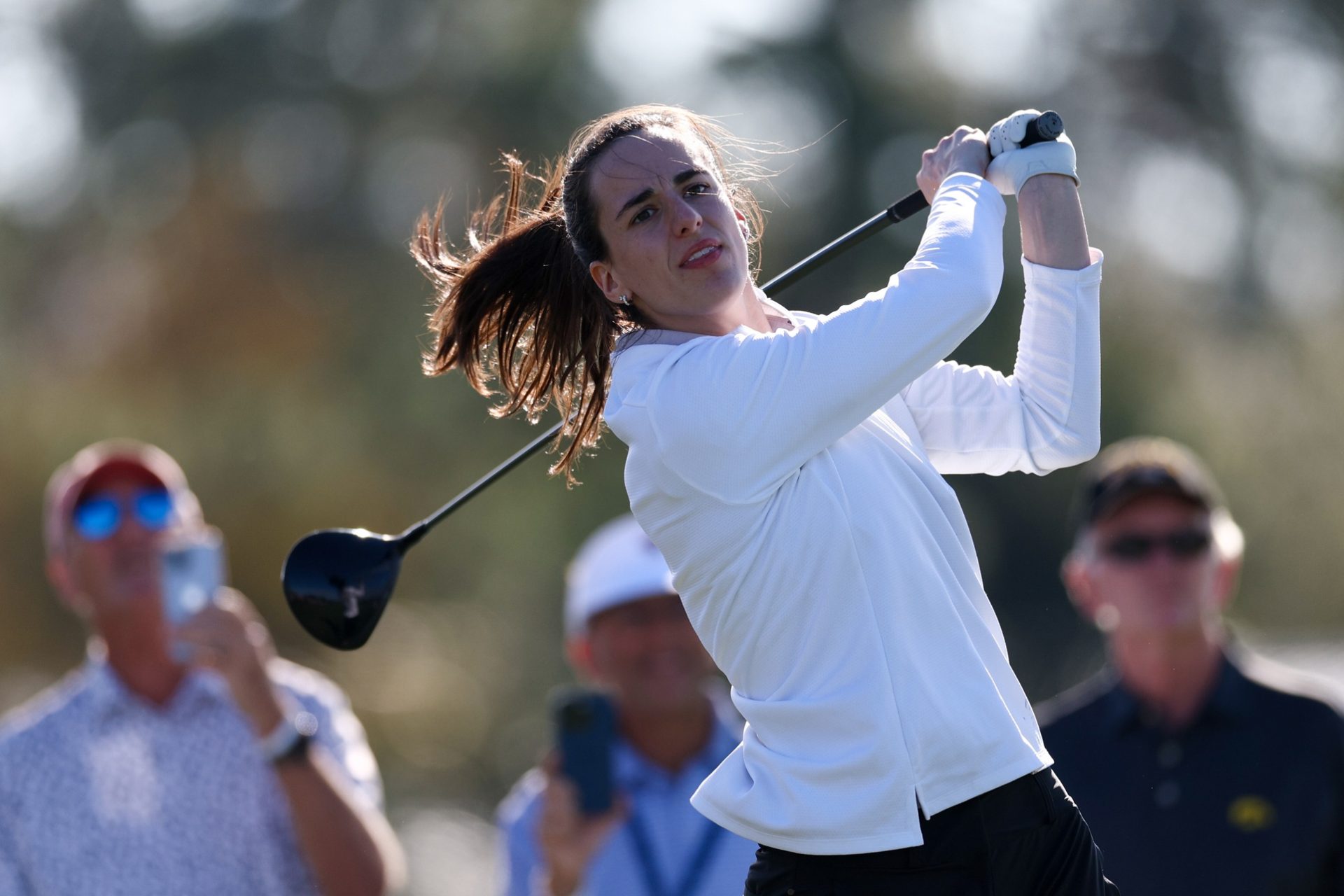 Nov 13, 2024; Belleair, Florida, USA; Indiana Fever guard Caitlin Clark (22) participates in The Annika golf tournament Pro Am at Pelican Golf Club.