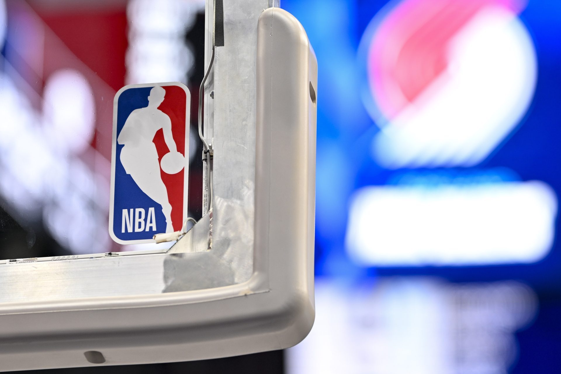 Dec 23, 2024; Dallas, Texas, USA; A view of the NBA logo and Portland Trail Blazers logo before the game between the Dallas Mavericks and the Trail Blazers at the American Airlines Center.