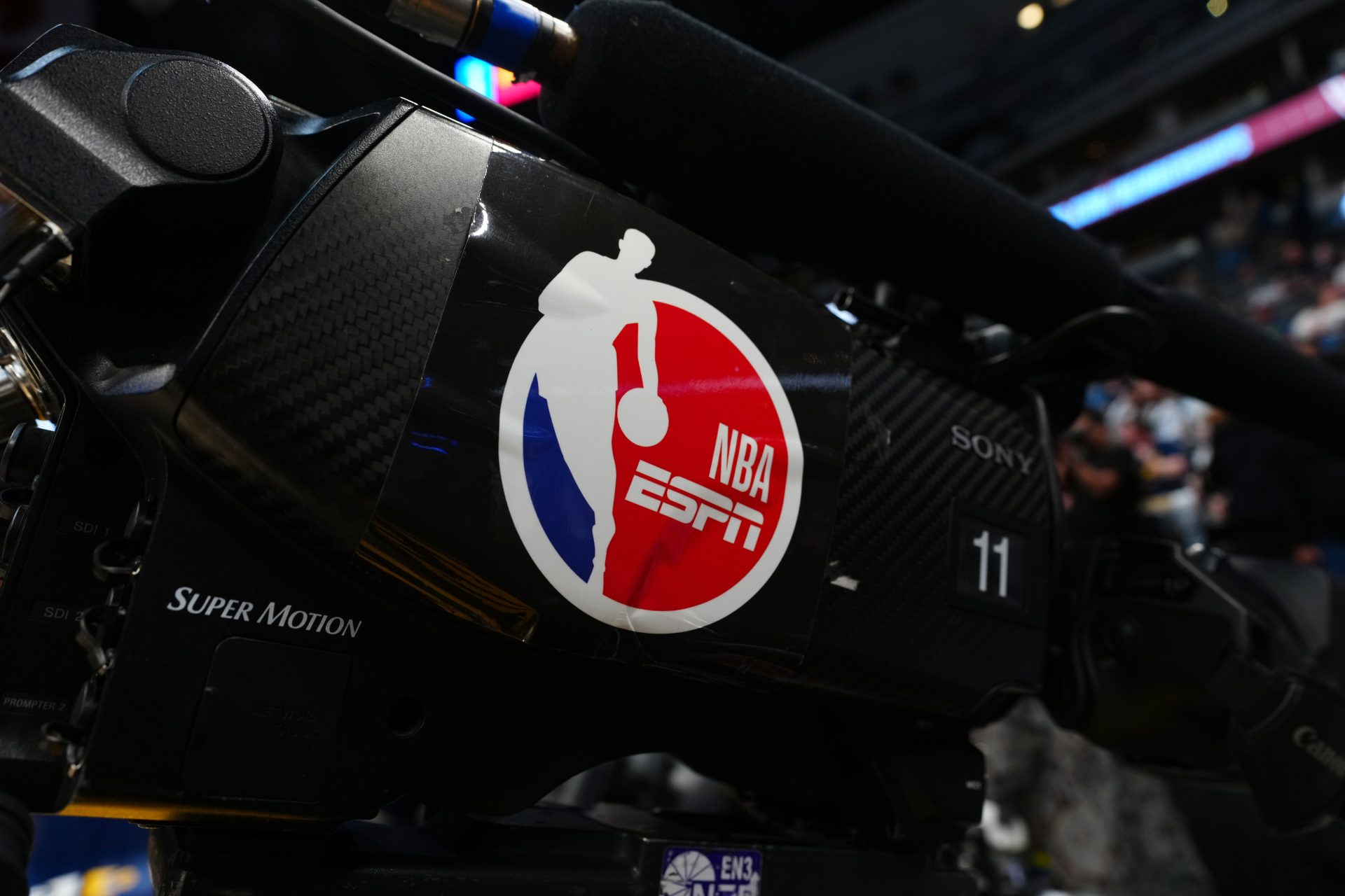 Mar 12, 2025; Denver, Colorado, USA; General view of ESPN broadcast camera during a game between the Minnesota Timberwolves and Denver Nuggets at Ball Arena.