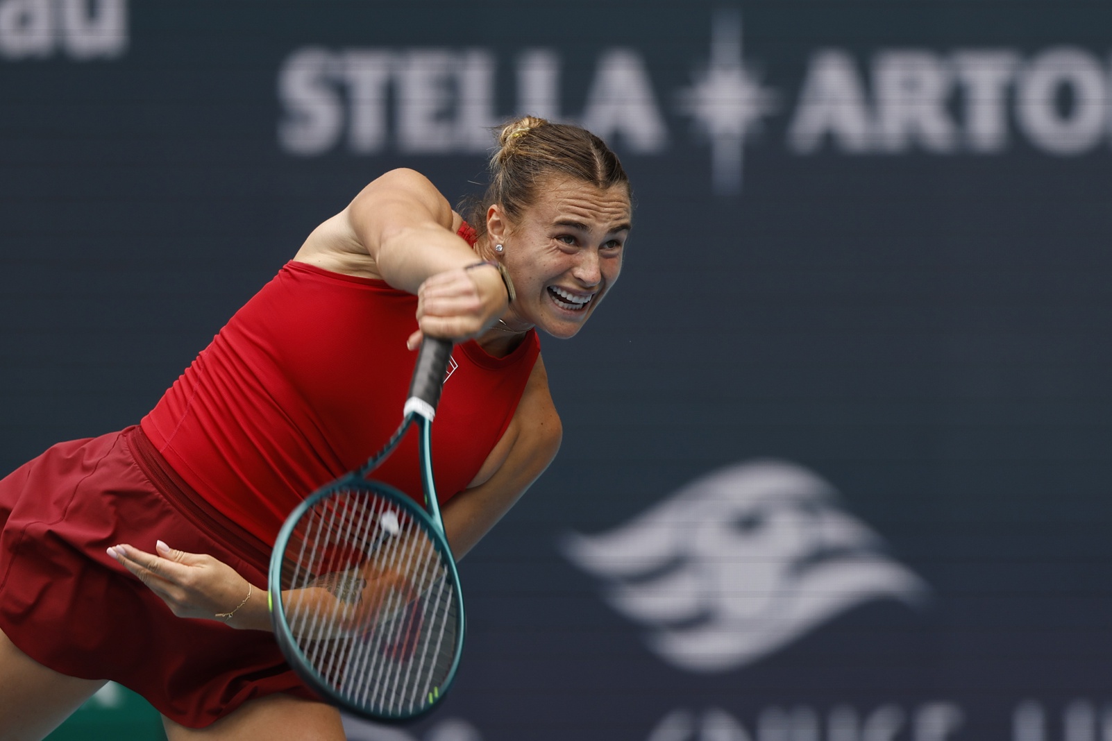 Mar 29, 2025; Miami, FL, USA; Aryna Sabalenka serves against Jessica Pegula (USA)(not pictured) in the women's singles championship of the Miami Open at Hard Rock Stadium.