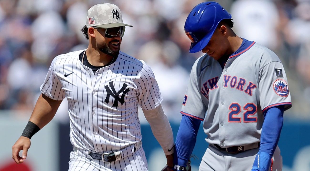 May 17, 2025; Bronx, New York, USA; New York Yankees left fielder Jasson Dominguez (24) shakes hands with New York Mets right fielder Juan Soto (22) after the top of the fifth inning at Yankee Stadium.