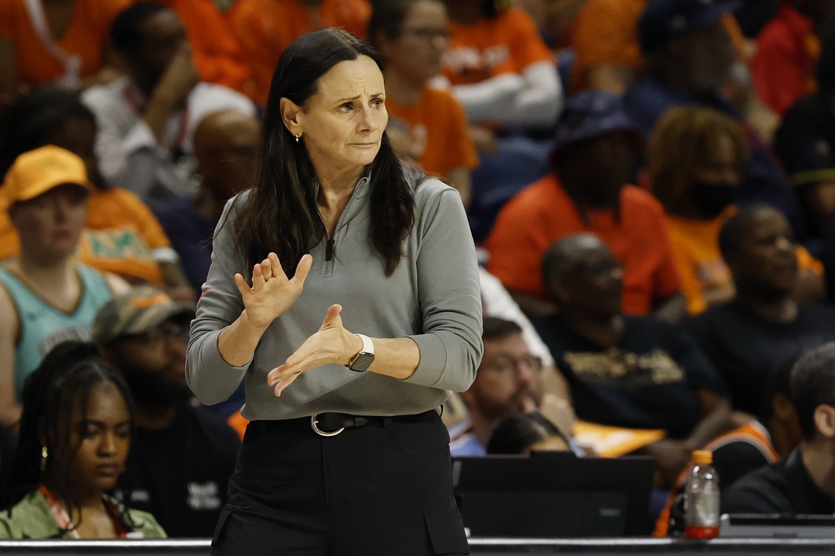 Jun 5, 2025; Washington, District of Columbia, USA; New York Liberty head coach Sandy Brondello reacts from the bench against the Washington Mystics in the first half at Entertainment & Sports Arena