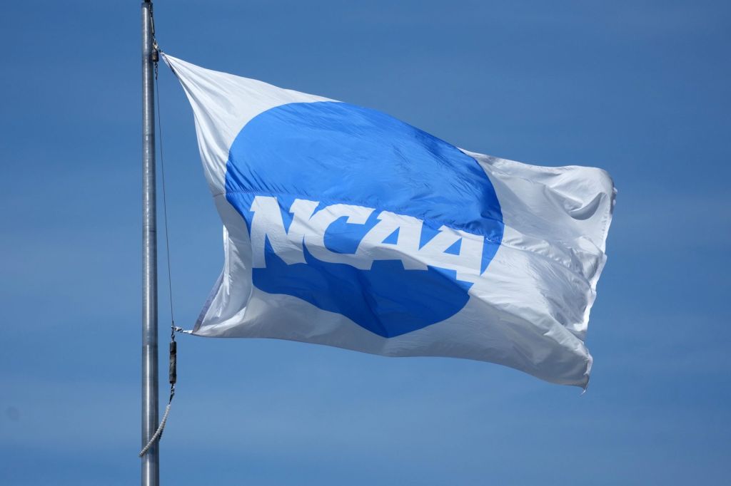 Jun 10, 2025; Eugene, OR, USA; A NCAA logo flag at the NCAA Track and Field Championships at Hayward Field.