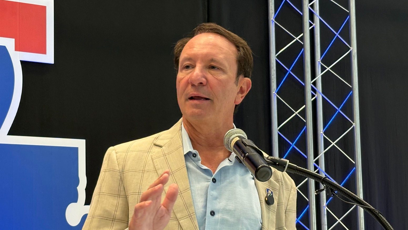 Louisiana Gov. Jeff Landry speaks to an audience at Louisiana Tech University on Aug. 25, 2025.