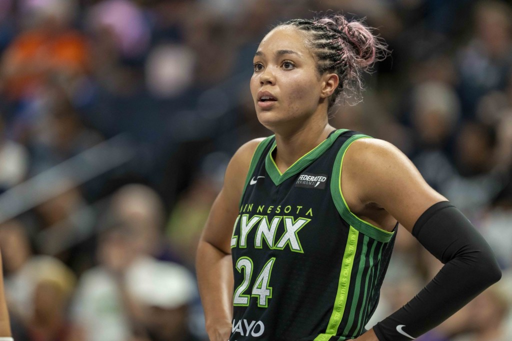 Sep 14, 2025; Minneapolis, Minnesota, USA; Minnesota Lynx forward Napheesa Collier (24) looks on against the Golden State Valkyries in the second half during game one of round one for the 2025 WNBA Playoffs at Target Center