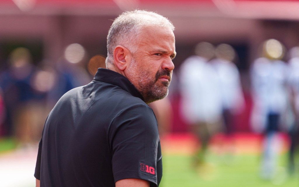 Sep 20, 2025; Lincoln, Nebraska, USA; Nebraska Cornhuskers head coach Matt Rhule walks onto the field before the game against the Michigan Wolverines at Memorial Stadium.