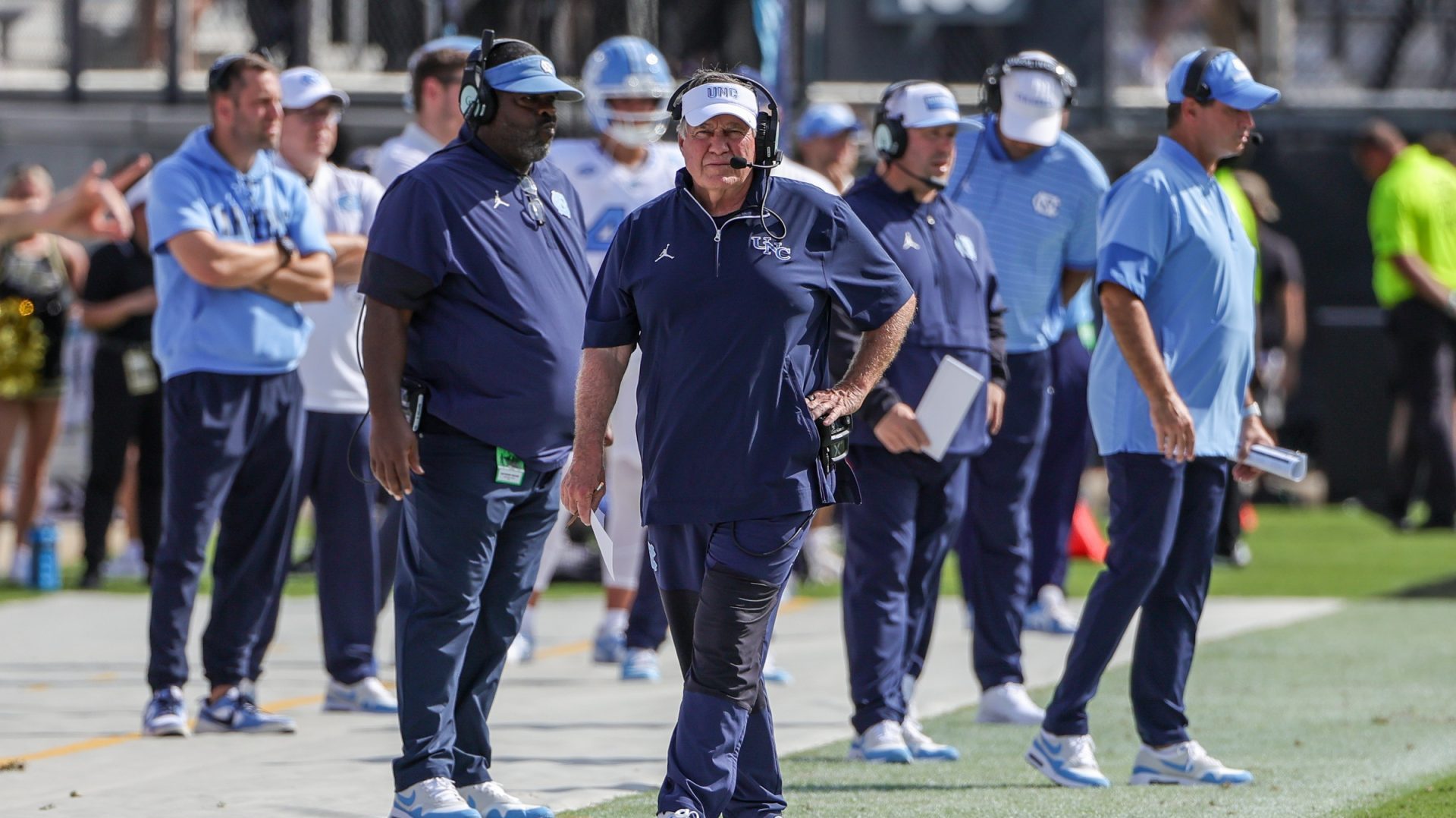 Sep 20, 2025; Orlando, Florida, USA; North Carolina Tar Heels head coach Bill Belichick walks the sideline during the first quarter against the UCF Knights at the Bounce House Stadium.