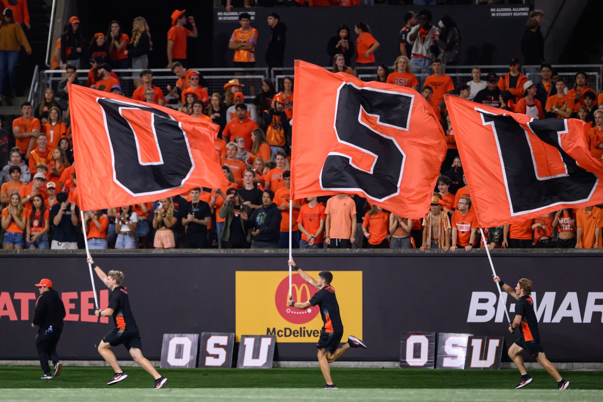 Sep 26, 2025; Corvallis, Oregon, USA; Oregon State Beavers flags fly after they score in the third quarter against the Houston Cougars at Reser Stadium.