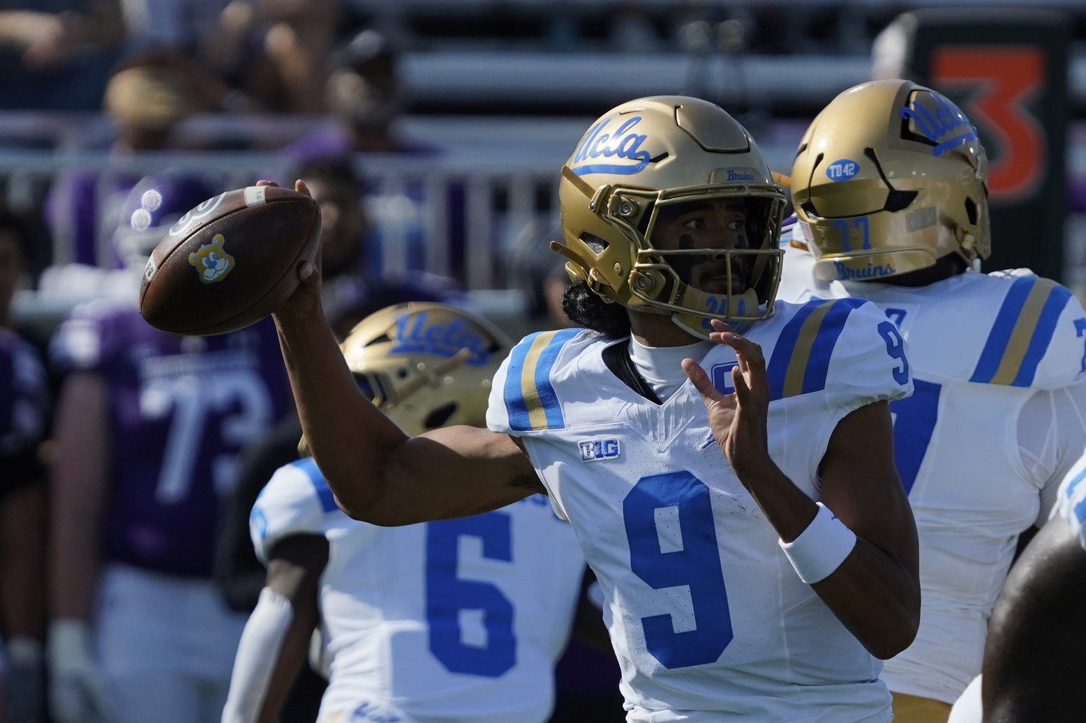Sep 27, 2025; Evanston, Illinois, USA; UCLA Bruins quarterback Nico Iamaleava (9) passes the ball against the Northwestern Wildcats during the first half at Northwestern Medicine Field at Martin Stadium.