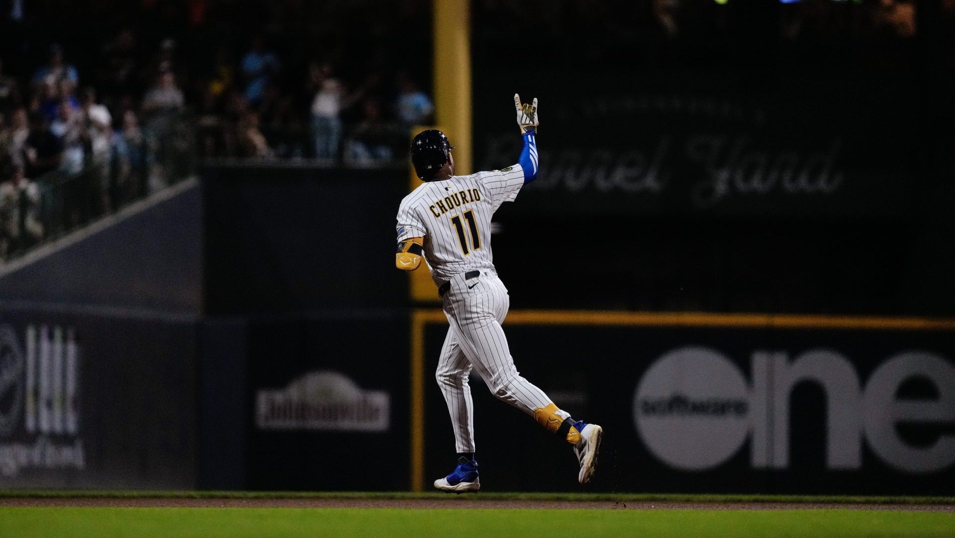 Sep 27, 2025; Milwaukee, Wisconsin, USA; Milwaukee Brewers center fielder Jackson Chourio (11) rounds the bases after hitting a home run during the sixth inning against the Cincinnati Reds at American Family Field.
