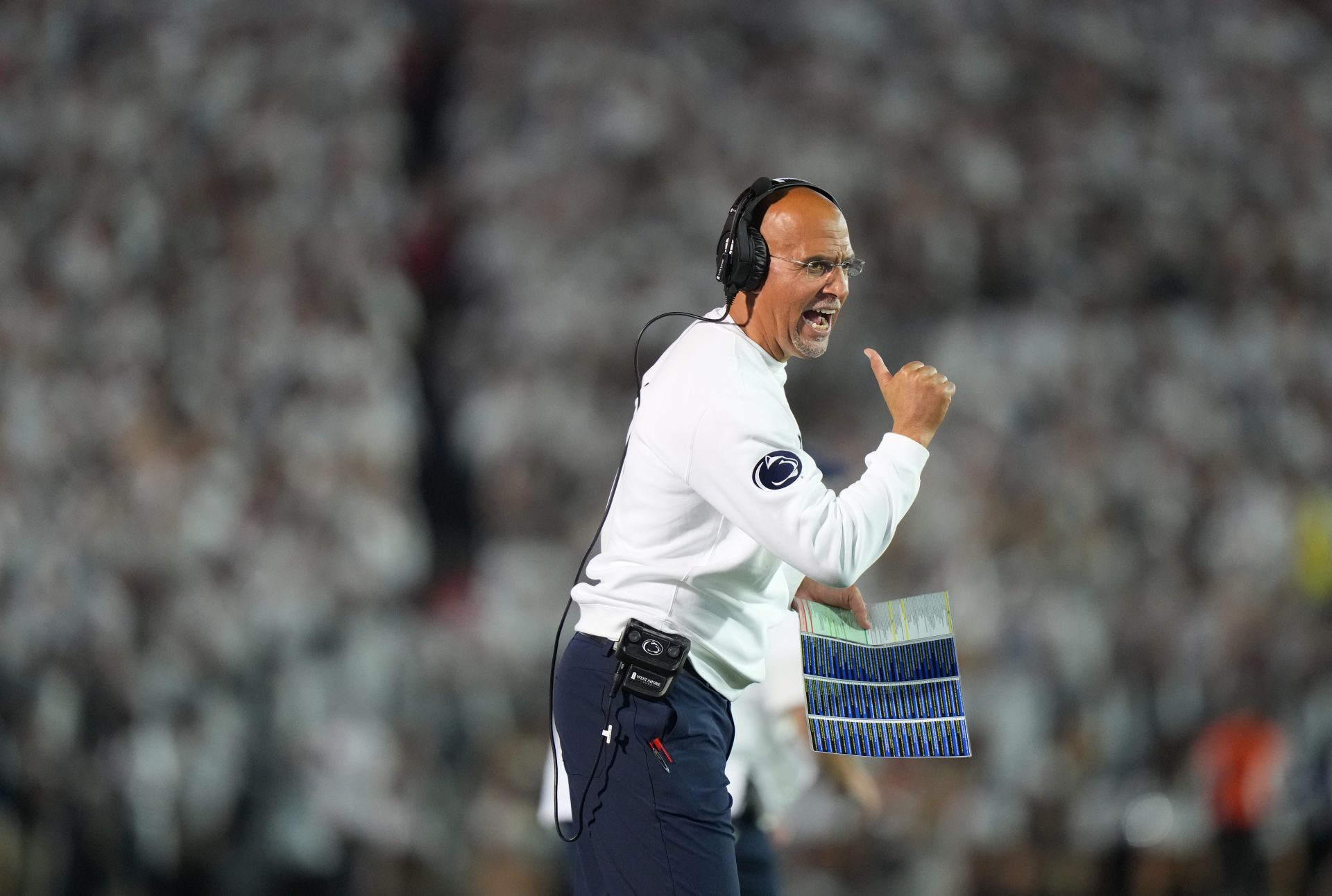 Sep 27, 2025; University Park, Pennsylvania, USA; Penn State Nittany Lions head coach James Franklin reacts during the fourth quarter against the Oregon Ducks at Beaver Stadium.