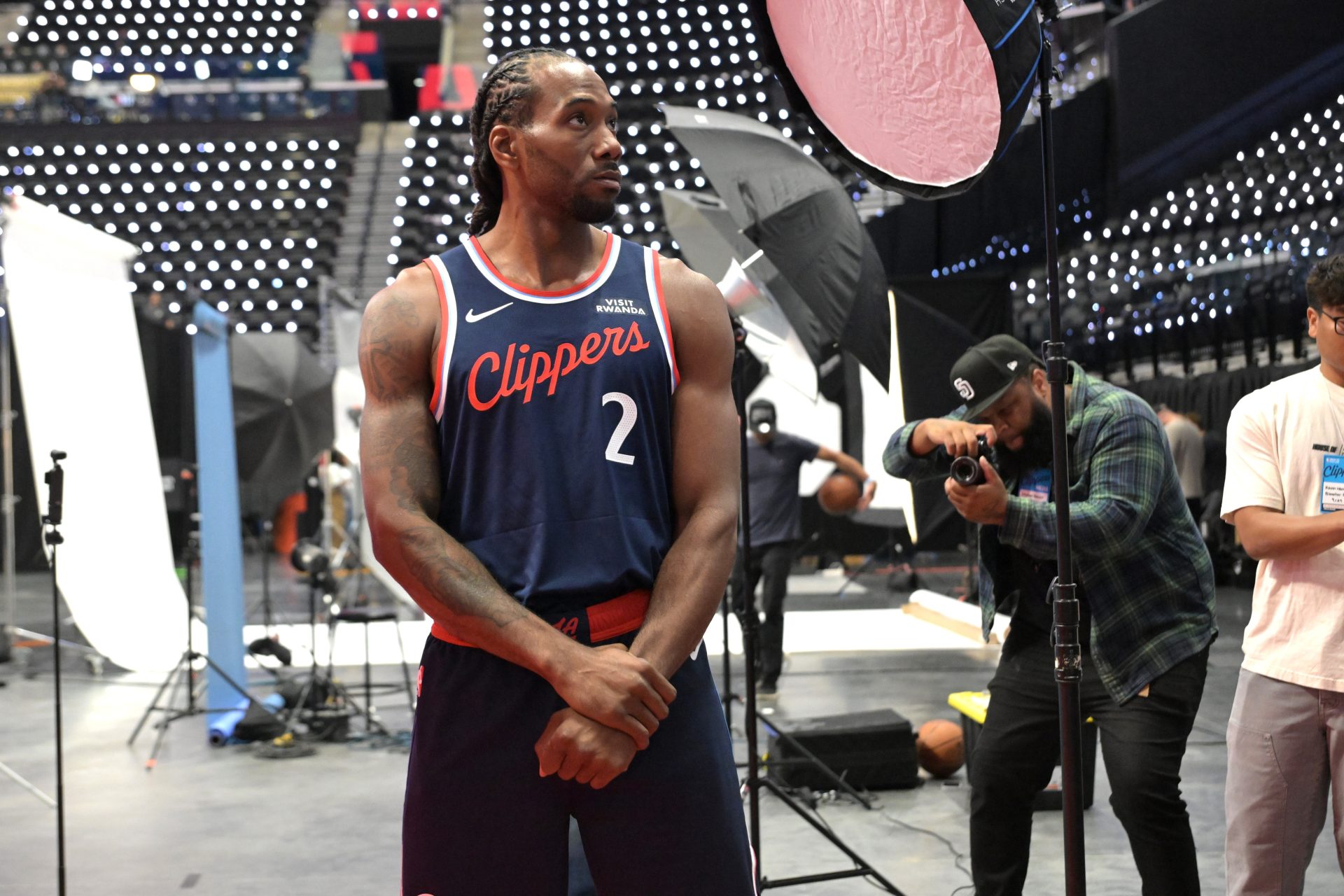 Sep 29, 2025; Inglewood, CA, USA; Los Angeles Clippers forward Kawhi Leonard (2) poses during media day at Intuit Dome