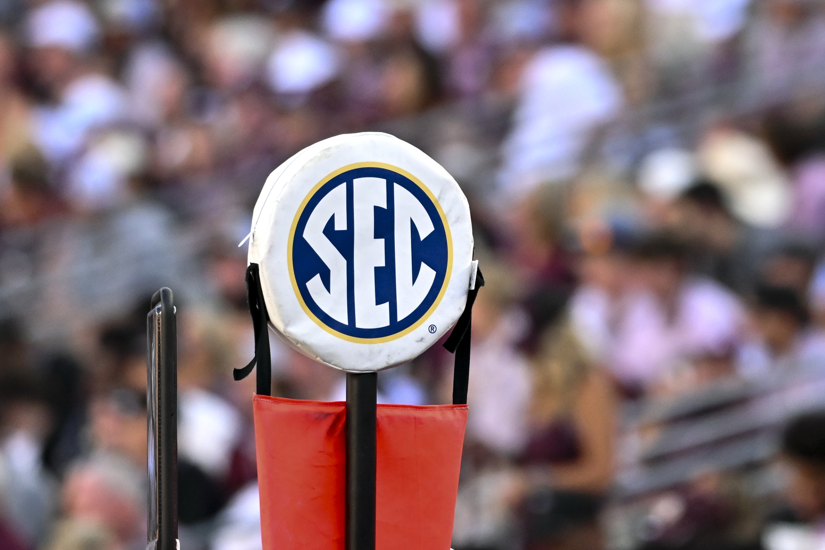 Sep 27, 2025; College Station, Texas, USA; A detail view of the SEC logo on a chain marker during the game between the Texas A&M Aggies and the Auburn Tigers at Kyle Field.