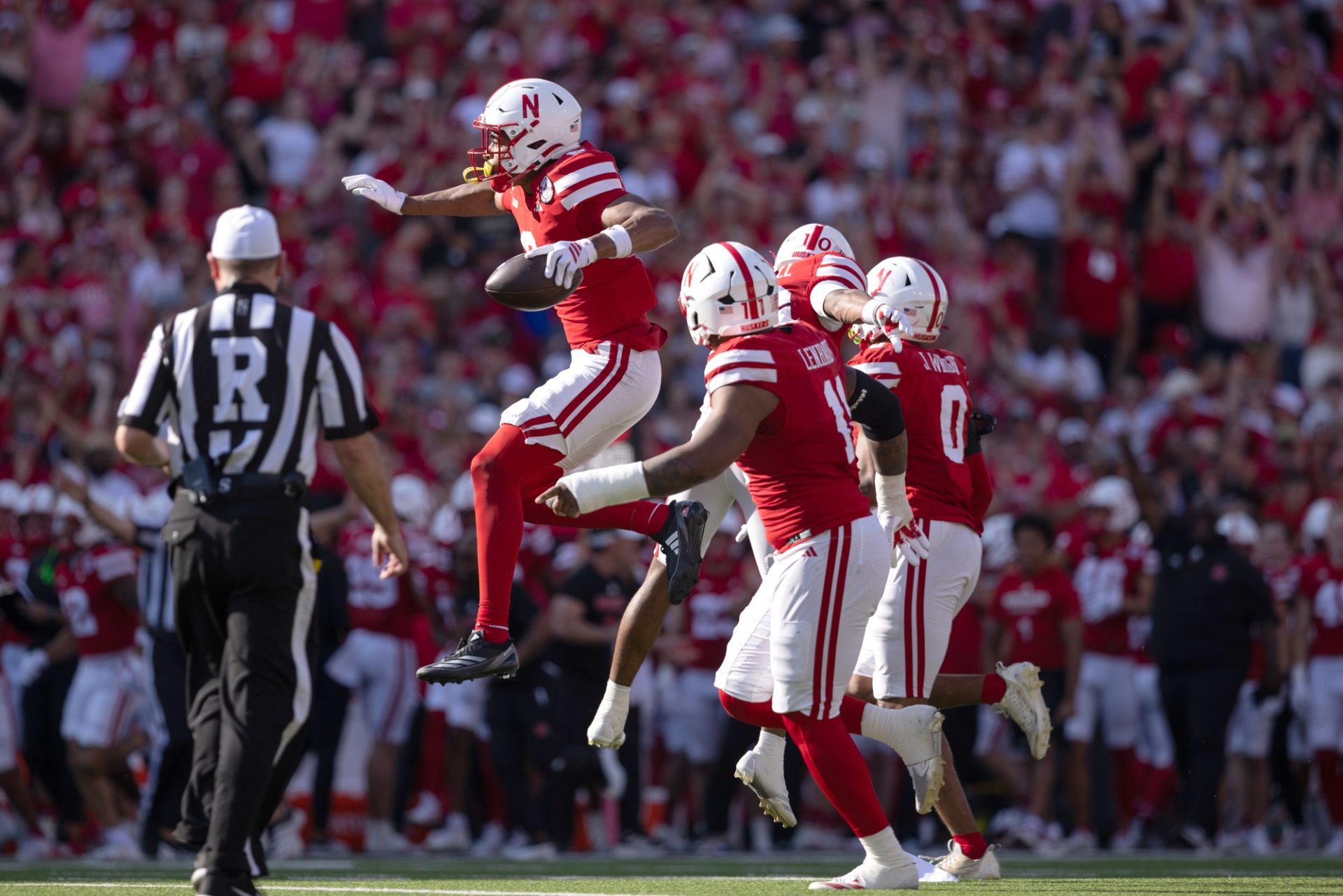 Oct 4, 2025; Lincoln, Nebraska, USA; Nebraska Cornhuskers defensive back DeShon Singleton (8) celebrates after making an interception during the game against Michigan State at Memorial Stadium.
