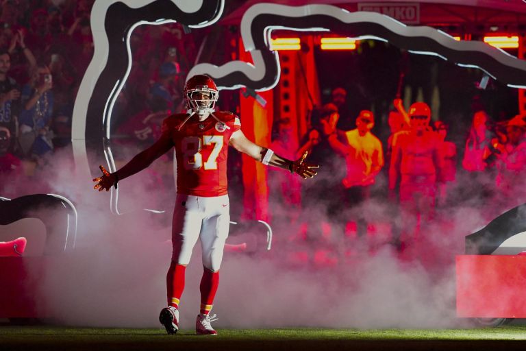 Oct 12, 2025; Kansas City, Missouri, USA; Kansas City Chiefs tight end Travis Kelce (87) takes the field prior to a game against the Detroit Lions at GEHA Field at Arrowhead Stadium.