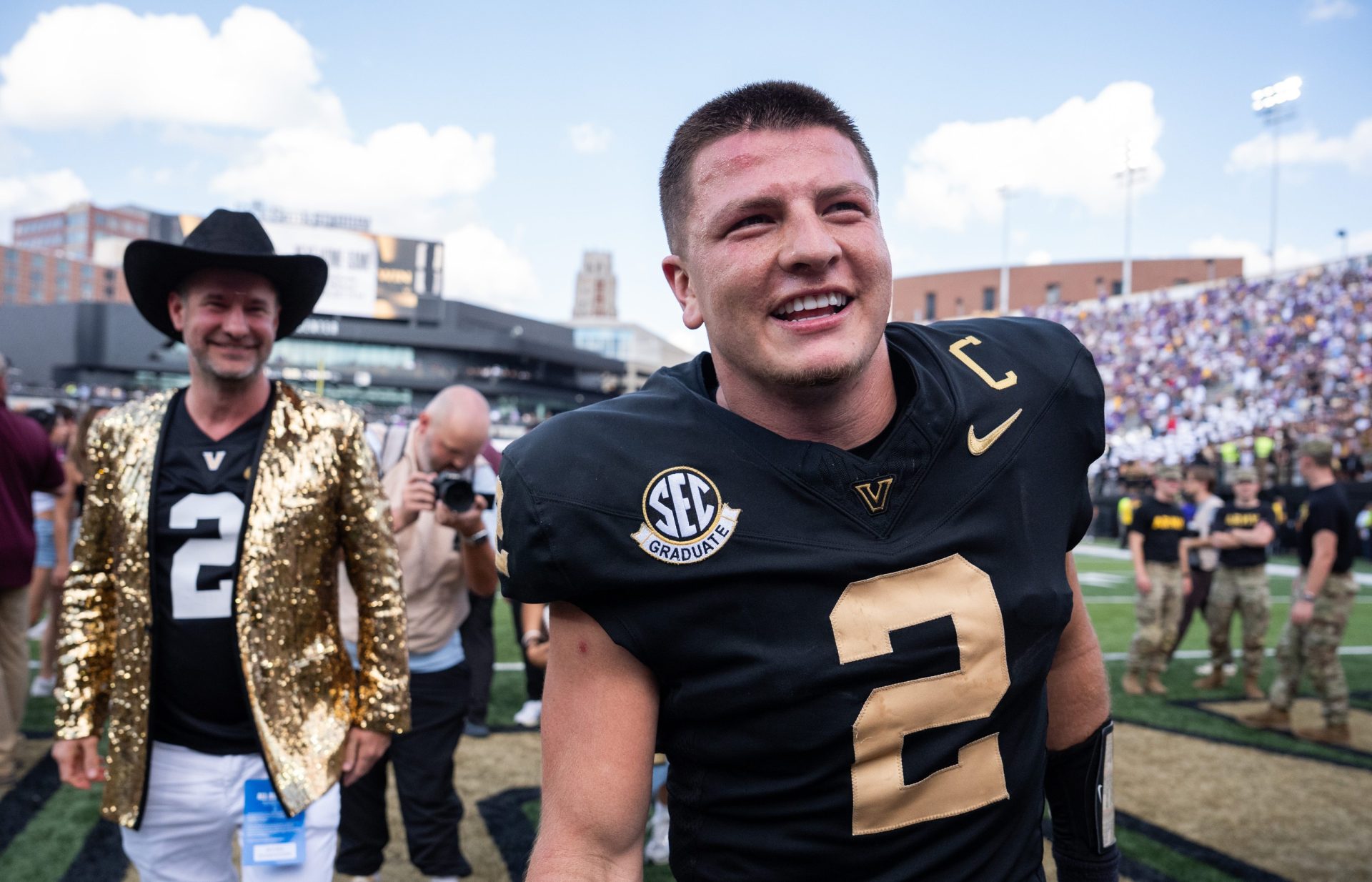 Vanderbilt quarterback Diego Pavia (2) celebrates following the game between Vanderbilt University and Louisiana State University at FirstBank Stadium in Nashville, Tenn., Saturday, Oct. 18, 2025
