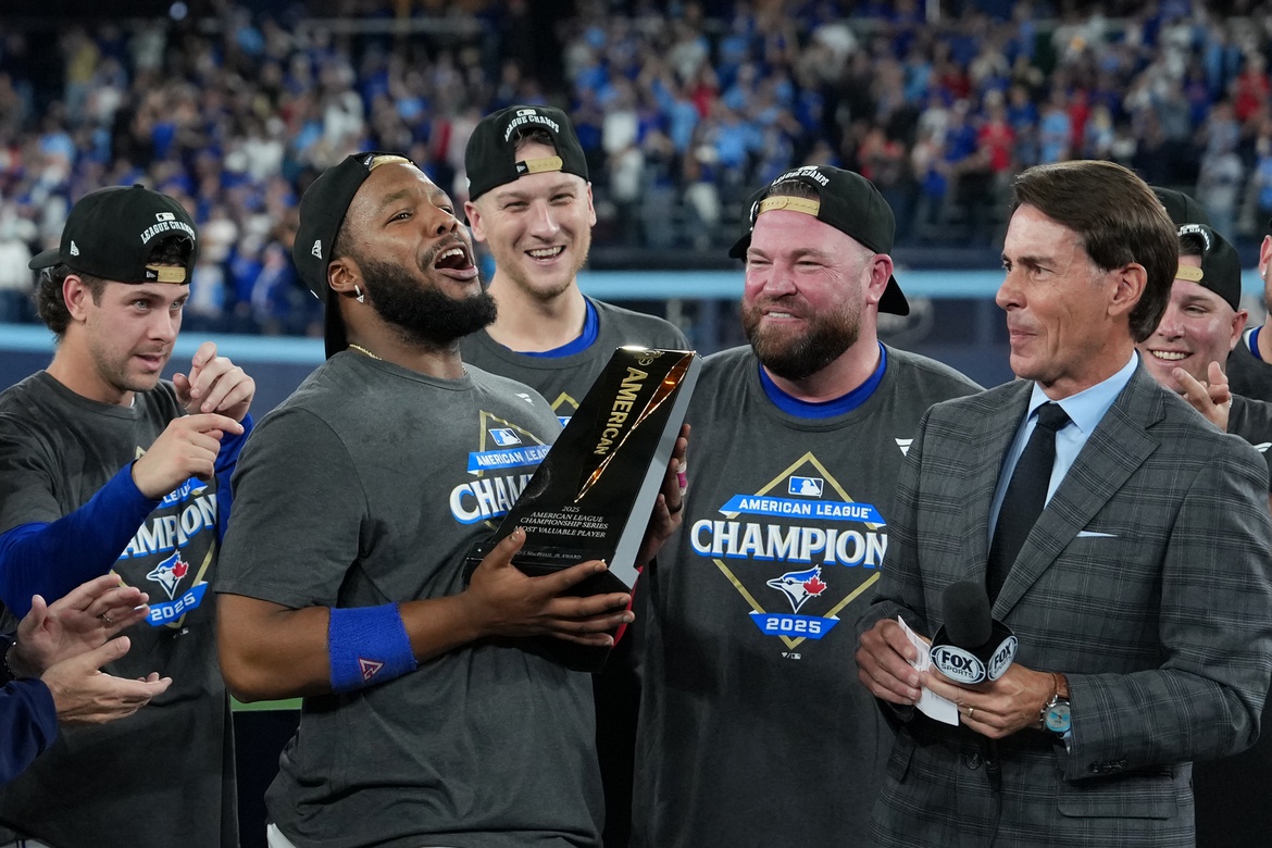 Oct 20, 2025; Toronto, Ontario, CAN; Toronto Blue Jays first baseman Vladimir Guerrero Jr. (27) celebrates after defeating the Seattle Mariners in game seven of the ALCS round for the 2025 MLB playoffs at Rogers Centre.