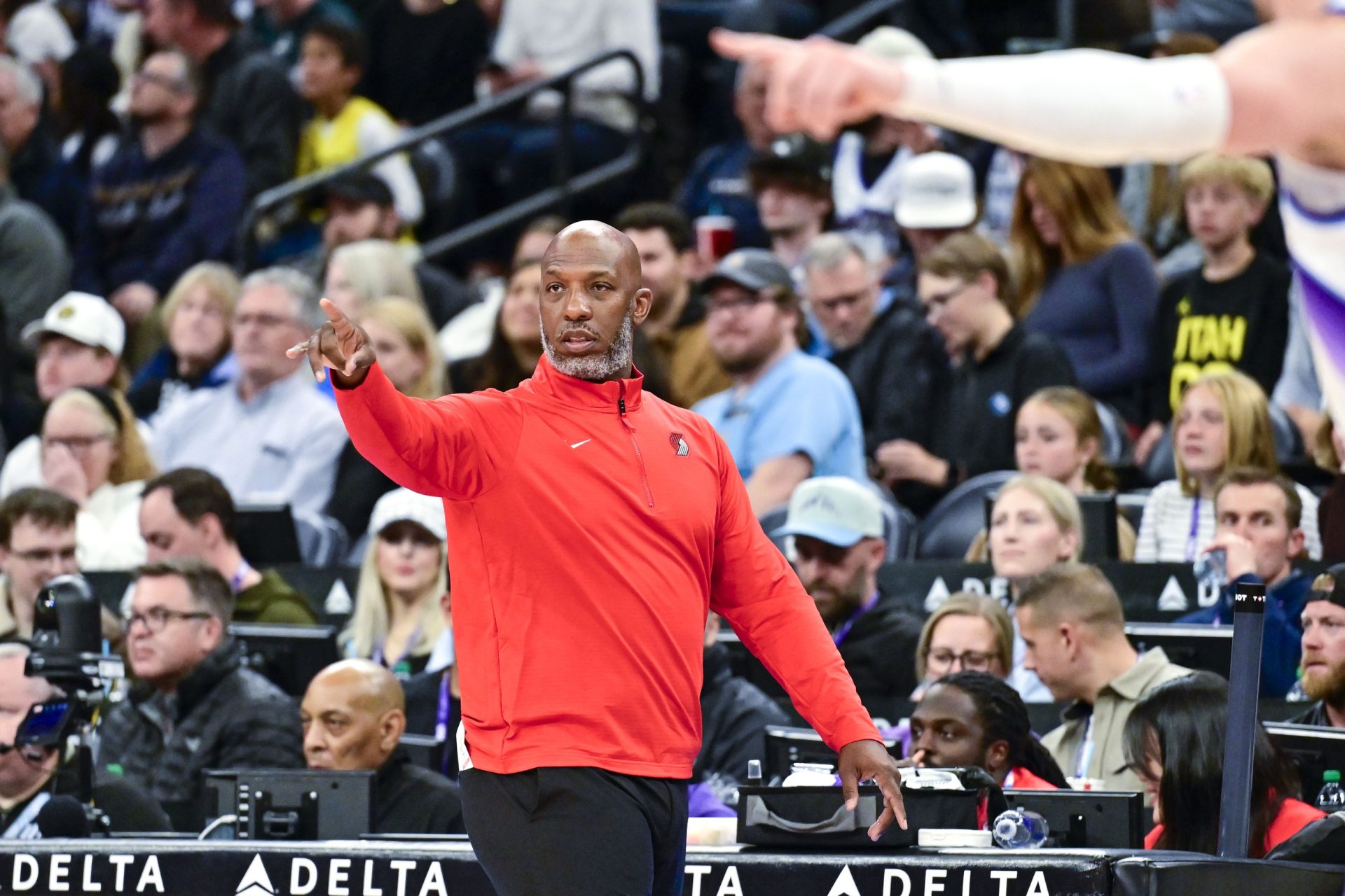 Oct 16, 2025; Salt Lake City, Utah, USA; Portland Trail Blazers head coach Chauncey Billups gives instructions to his team during the first half against the Utah Jazz at Delta Center.