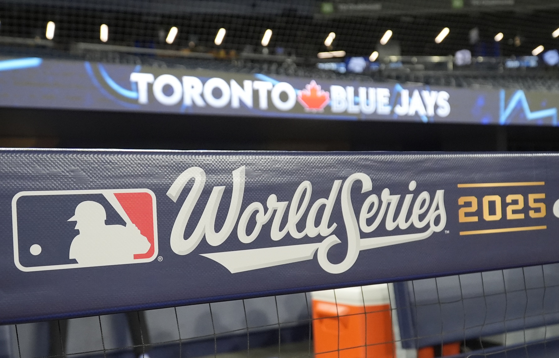 Oct 23, 2025; Toronto, ON, Canada; Signage in place on the dug out before game one of the World Series between the Los Angeles Dodgers and Toronto Blue Jays at Rogers Centre.