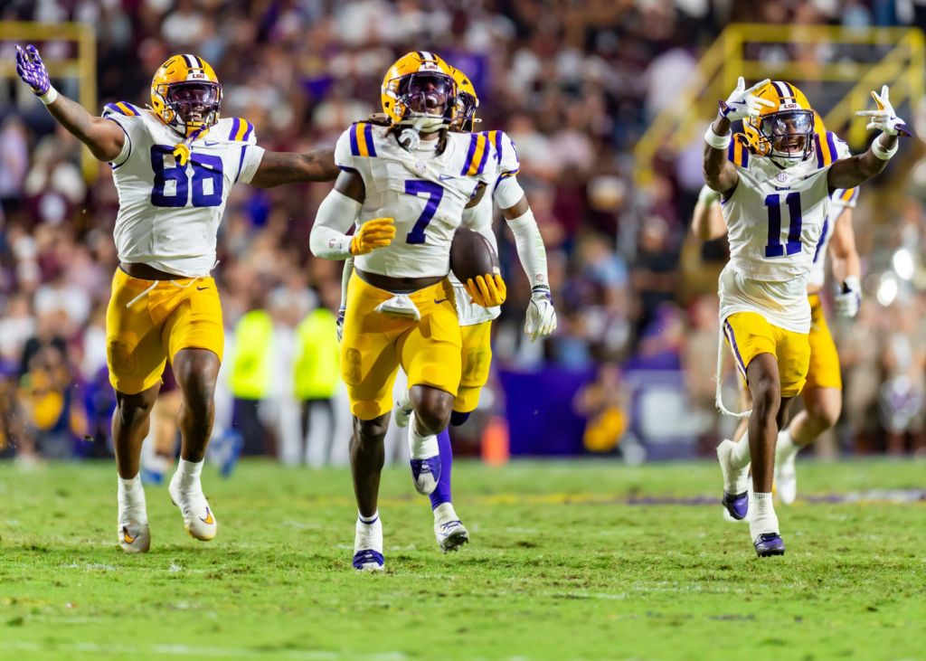 Harold Perkins Jr interception as LSU Tigers take on the Texas A&M Aggies. October 25, 2025; Baton Rouge, Louisiana, USA; at Tiger Stadium. Saturday, Oct. 25, 2025.