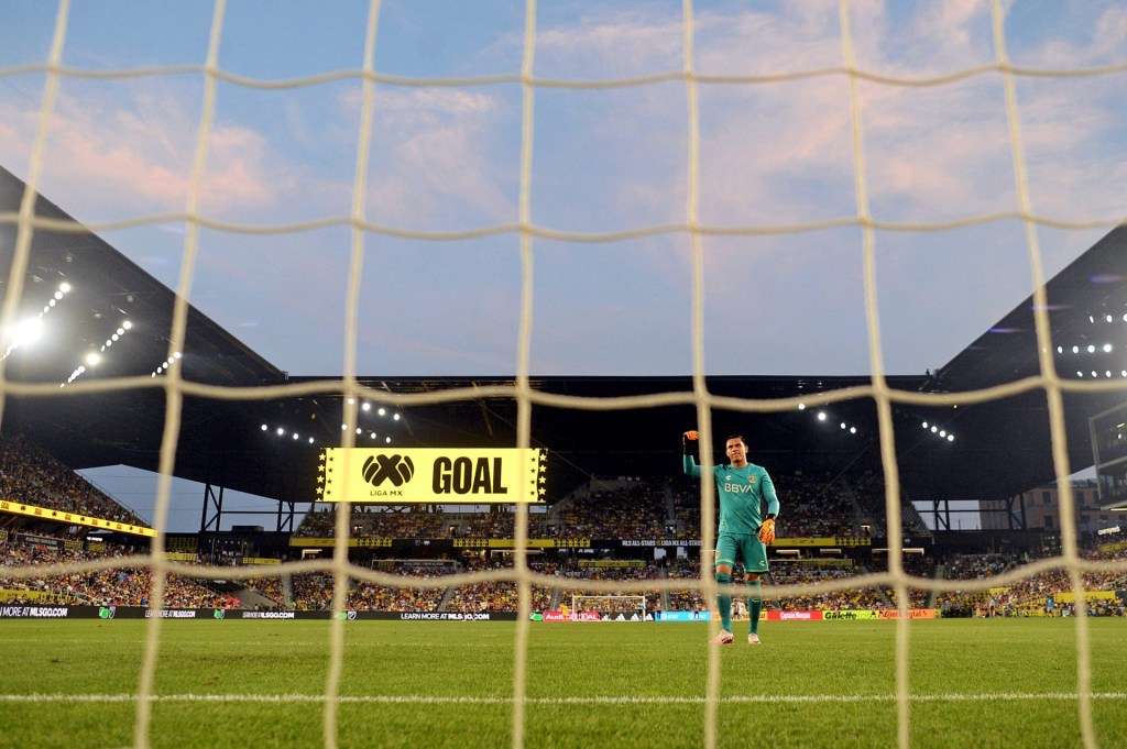 Jul 24, 2024; Columbus, Ohio, USA; Liga MX goalkeeper Angel Malagon of Club America (1) celebrates after a the Liga MX All-Stars goal against the MLS All-Stars during the 2024 MLS All-Star Game at Lower.com Field.